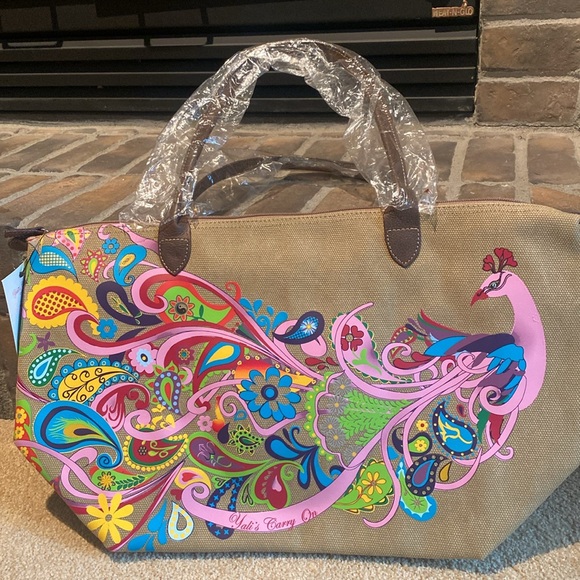 Canvas and Leather Peacock Tote Bag Designed by Childhood Cancer Survivor - Picture 1 of 12